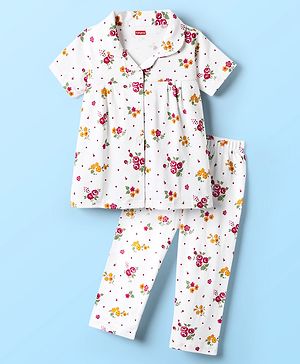 Babyhug Cotton Knit Front Open Half Sleeves Co-ord Night Suit With Floral Print - White