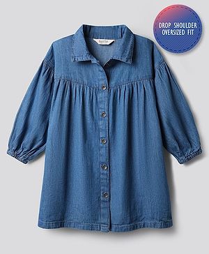 Bonfino 100% Cotton Woven Full Drop Shoulder Sleeves Oversized Denim Shirt Dress - Blue