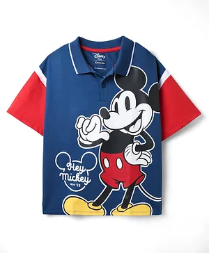 Pine Kids Disney Terry Knit Half Drop Shoulder Sleeves Polo T-Shirt with Mickey Mouse Print - Blue
