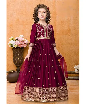 Lagorii Chiffon Three Fourth Sleeves Floral Embroidered Sequins & Lace Embellished Ethnic Gown With Leggings & Dupatta - Maroon