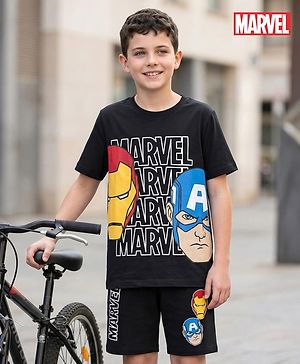 Pine Kids Marvel Single Jersey Knit Half Sleeves T-Shirt & Shorts Set with Avengers Graphics - Black