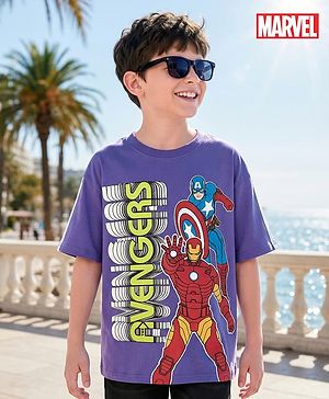 Pine Kids Marvel Single Jersey Knit Half Drop Shoulder Sleeves Oversized T-Shirt with Avengers Graphics - Purple