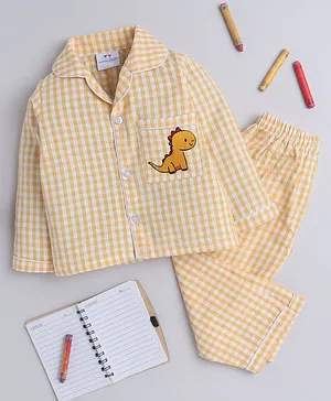 Knitting Doodles Pure Cotton Woven
                              Full Sleeves Dinosaur Patch Detailed
                              Checked Coordinating Night Suit Set -
                              Yellow & White