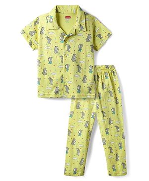 Babyhug Cotton Knit Half Sleeves Co-ords Night Suit With Animal Print - Light Yellow