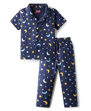 Babyhug Cotton Knit Half Sleeves Co-ords Front Open Night Suit With Star Print - Navy Blue