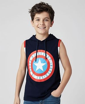 Pine Kids Marvel Single Jersey Knit Sleeveless Hooded T-Shirt with Captain America Graphics - Navy Blue