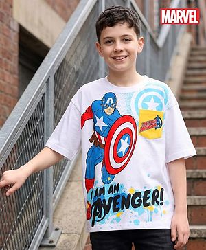 Pine Kids Marvel Single Jersey Knit Half Drop Shoulder Sleeves T-Shirt with Captain America Graphics & Pocket Detailing - White