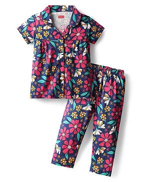 Babyhug Cotton Knit Half Sleeves Front Open Co-Ord Night Suit With Floral Print - Navy Blue