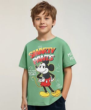 Pine Kids Marvel Single Jersey Knit Half Drop Shoulder Sleeves T-Shirt with Mickey Mouse Graphics - Olive Green