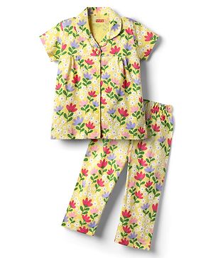 Babyhug Cotton Knit Half Sleeves Co-ords Night Suit with Floral Print - Yellow