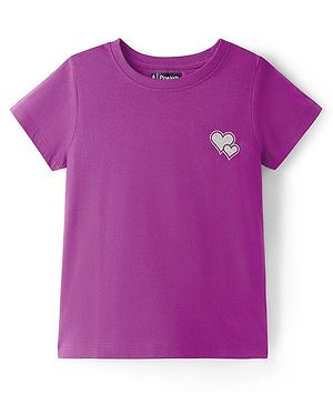 Pine Kids Cotton Knit Half Sleeves T-Shirt With Heart Print - Purple
