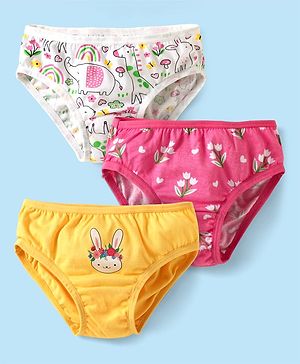 Babyhug 100% Cotton Panties With Floral & Animal Print Pack Of 3 - Dark Pink Yellow & White