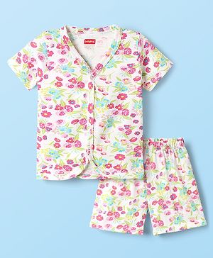 Babyhug Single Jersey Knit Half Sleeves Co-ords Top & Bottom Set With Floral Print - White