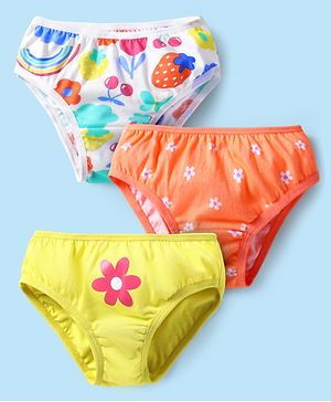 Babyhug 100% Cotton Single Jersey Knit Panties With Floral Print Pack Of 3 - Lime Orange & White