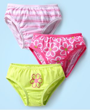 Babyhug 100% Cotton Single Jersey Knit Panties With Stripes & Floral Print Pack Of 3 - Lime & Pink