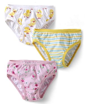 Babyhug 100% Cotton Knit Striped Panties with Floral &  Duck Print Pack of 3 - Pink & White
