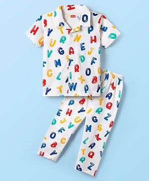 Babyhug Cotton Knit Half Sleeves Co-ords Front Open Night Suit With Alphabet Print - White