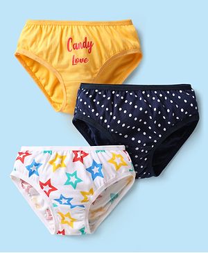 Babyhug 100% Cotton Single Jersey Knit Panties With Polka Dots & Star Print Pack Of 3 - Navy Blue Yellow & White