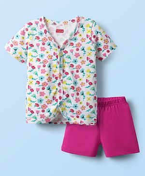 Babyhug Single Jersey Knit Half Sleeves Top & Bottom Set With Floral Print - White & Pink