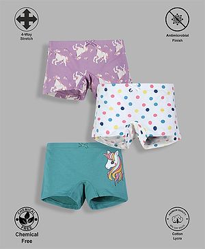 TRESNOVA Pack Of 3 Cotton Lycra Anti Microbial Finish & Smart Waistband Technology Unicorn & Polka Dots Printed Soft Boxer Panties - White Purple & Blue