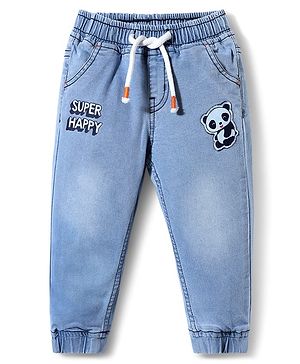 Babyhug Full Length Denim Jeans With Stretch & Panda Patch - Light Blue