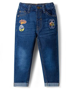 Babyhug Full Length Denim Jeans With Stretch & Text Embroidery - Blue