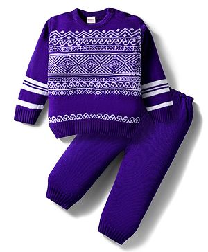 Babyhug Knit Full Sleeves Sweater Set with Fair Isle Design - Purple