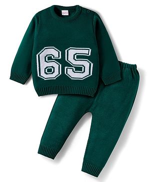 Babyhug Knitted Full Sleeves Sweater Set With Number Design - Dark Green