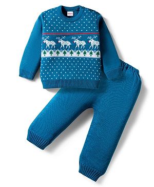 Babyhug Knit Full Sleeves Sweater Set with Christmas Fair Isle Design - Teal Blue