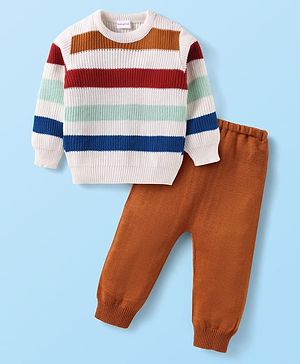 Babyhug Knit Full Sleeves Sweater Set With Stripes - Maroon