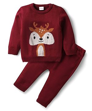 Babyhug Knitted Full Sleeves Sweater Set with Deer Design - Maroon