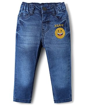 Babyhug Full Length Denim Jeans With Stretch & Smiley Badge - Blue