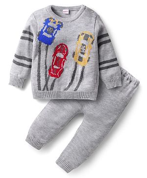 Babyhug Knitted Full Sleeves Sweater Set with Car Design - Light Grey