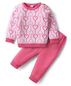 Babyhug Knitted Full Sleeves Sweater Set with Hearts Design - Dark Pink