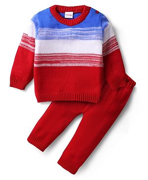 Babyhug Knitted Full Sleeves Sweater Set With Color Block Design - Rust