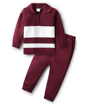 Babyhug Knitted Full Sleeves Sweater Set With Color Block Design - Maroon & White