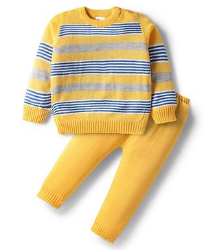 Babyhug Knit Full Sleeves Striped Pullover Sweater Set - Mustard