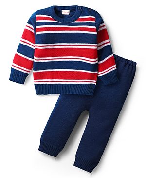 Babyhug Knitted Full Sleeves Striped Sweater Set - Navy Blue & Red