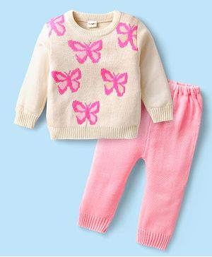 Babyhug Knitted Full Sleeves Sweater Set With Butterfly Design - White & Pink