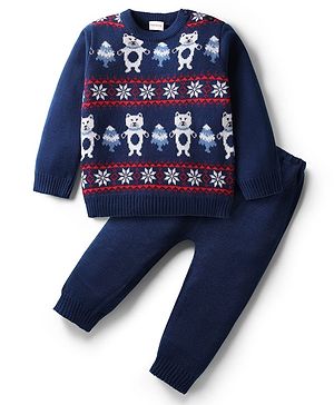 Babyhug Knit Full Sleeves Pullover Sweater Set With Floral Design - Navy Blue & Red