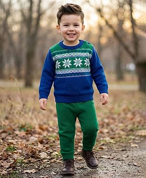 Babyhug Knitted Full Sleeves Sweater Set With Floral Design - Blue & Green