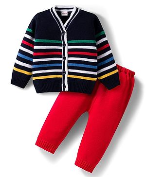 Babyhug Knit Full Sleeves Front Open Sweater Set with Stripes Design - Black & Red