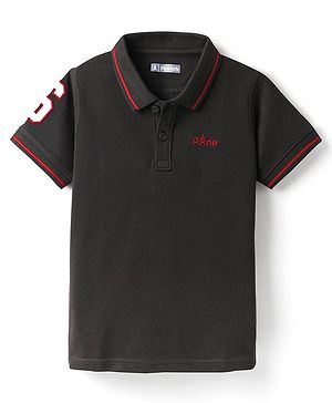Pine Kids Cotton Knit Half Sleeves Polo T-Shirt with Number Patch - Black