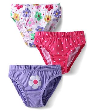 Babyhug 100% Cotton Single Jersey Knit Panties With Floral Print & Polka Dots Pack Of 3 - Pink White & Purple