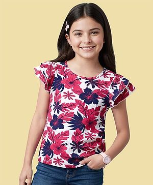 Pine Kids Cotton Knit Half Sleeves Top with Floral Print - Dark Pink