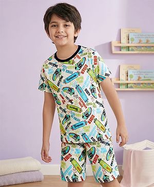 Pine Kids Single Jersey Knit Half Sleeves Shorts Co-Ord Night Suit With Skating Print - Off White