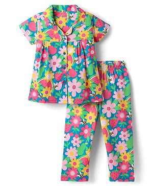Babyhug Cotton Knit Half Sleeves Co-ords Front Open Night Suit With Floral Print - Multicolour