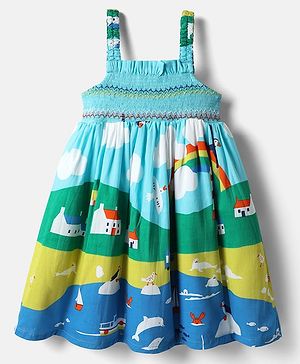 Babyhug Cotton Woven Sleeveless Frock With Bird Print - Multicolor