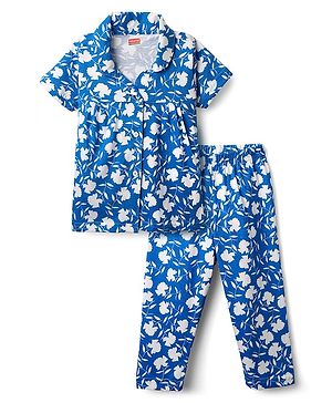 Babyhug Cotton Knit Half Sleeves Co-ords Night Suit With Floral Print - Blue