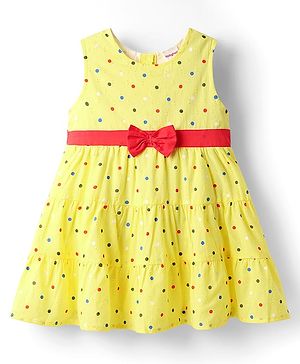 Babyhug Cotton Woven Sleeveless Frock With Polka Dot Print & Belt - Yellow